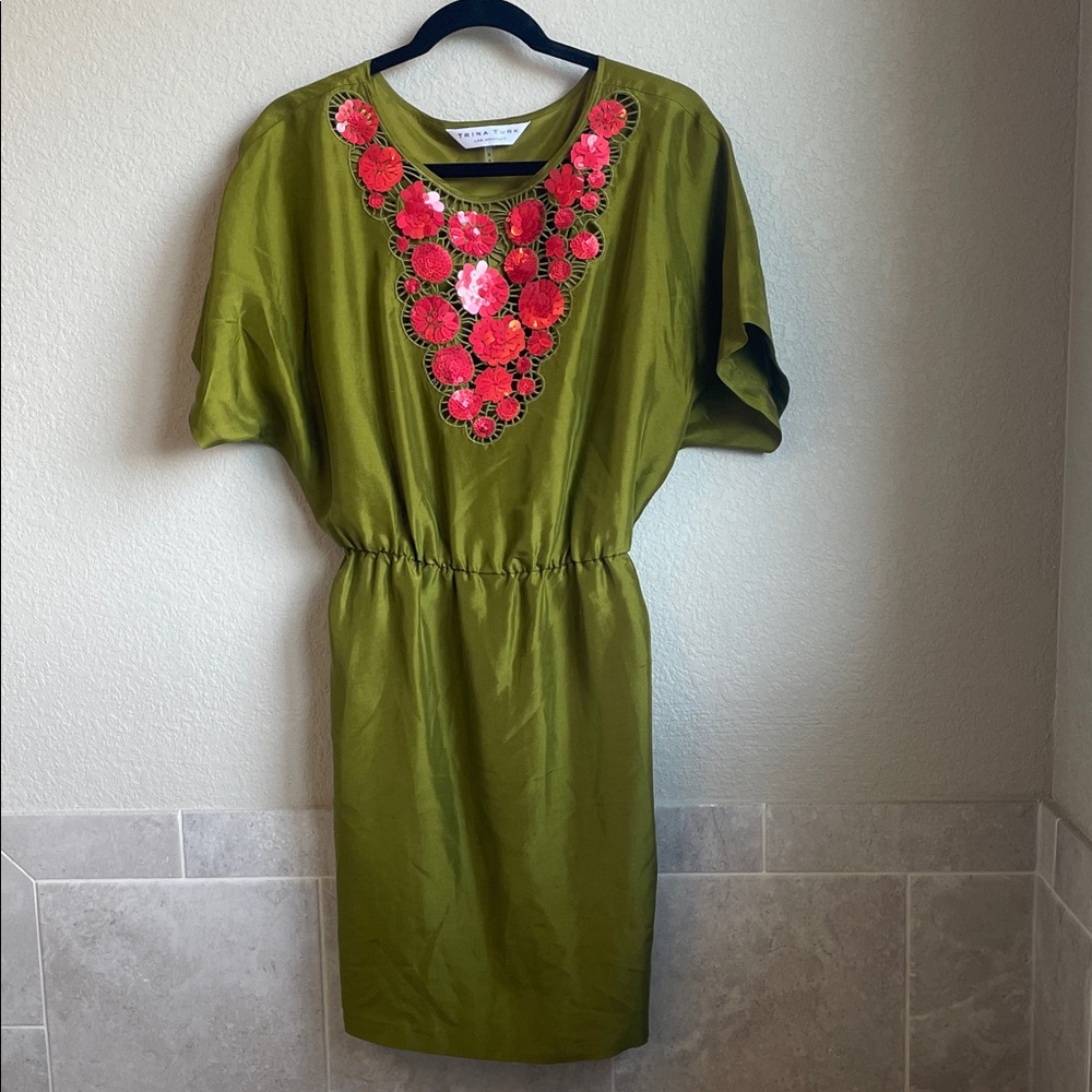 Trina Turk Green Caftan Silk Dress